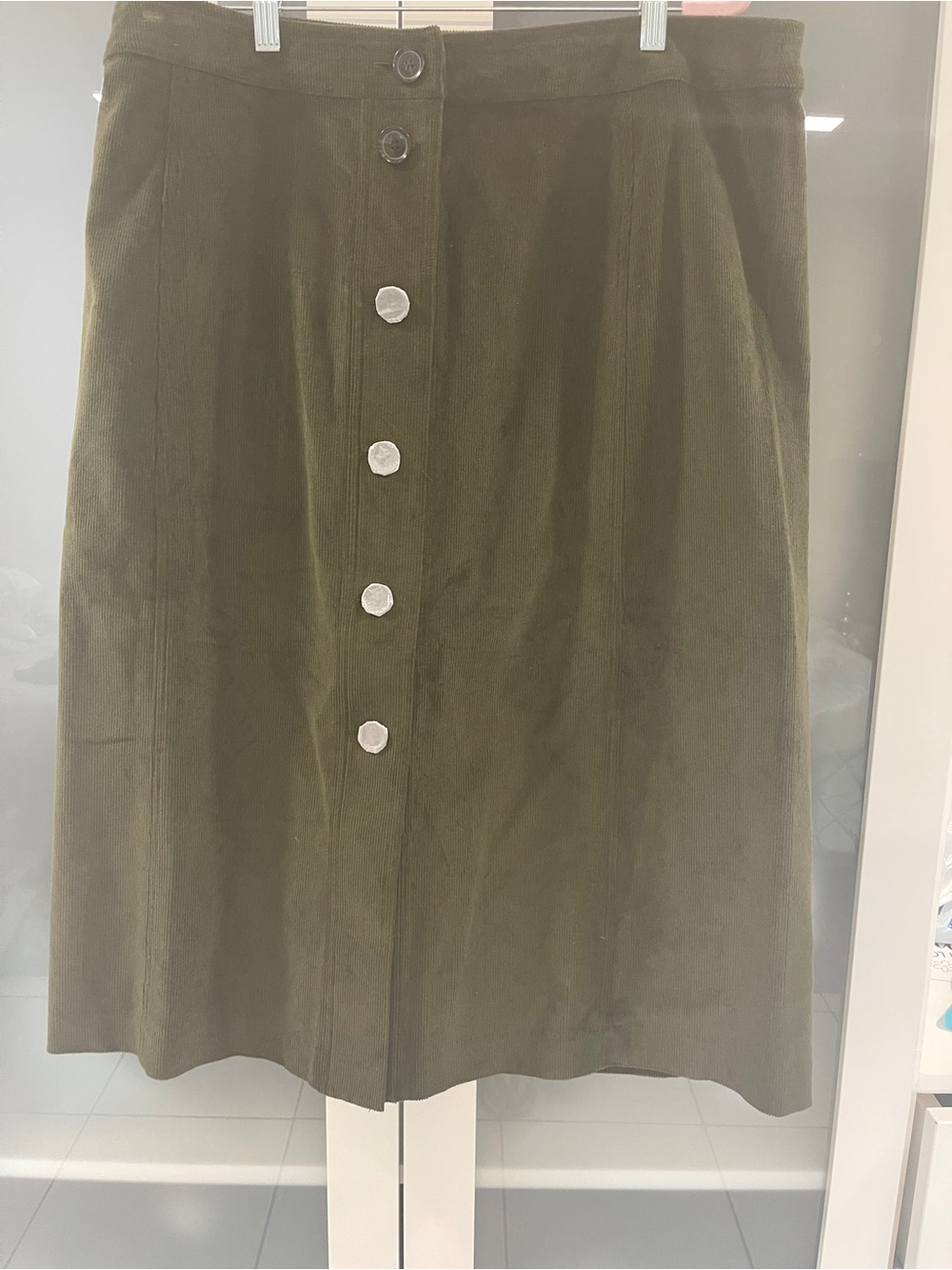 Olive Green corduroy Button-Front A-Line Skirt